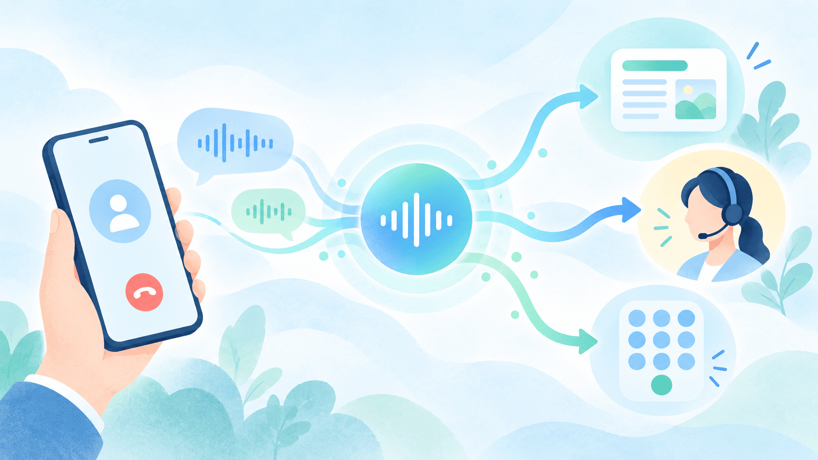 スマートフォンからの問い合わせ音声をAI-IVRが聞き取り、Webでの案内・オペレータへの転送・プッシュ操作へと振り分ける仕組みを表したイラスト
