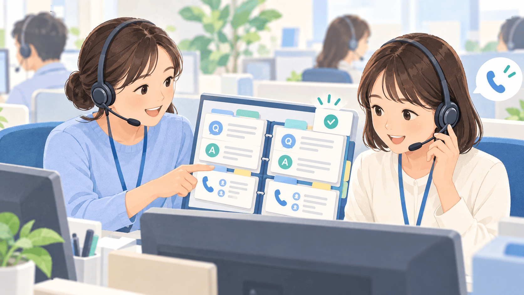 FAQや応対履歴をまとめたナレッジを指し示し、電話対応中の同僚に案内内容を共有するオペレータ。コールセンターのナレッジマネジメントを表したイラスト